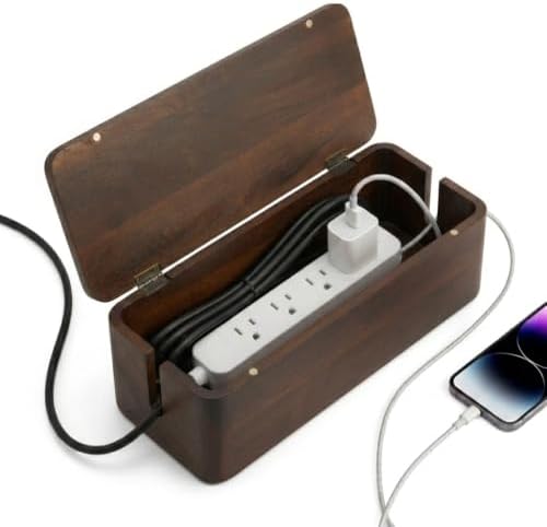Cable Management Box – Power Strip Organizer – Desk Cord Organizer to Hide Wires & Chargers – Cable Storage Box for Home, Office Desk & Floor Cable Organization (Dark Walnut) - Image 2