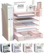 WALI Desk File Organizer, 6 Tier Desktop Paper Letter Tray Organizer with Drawer and 2 Pen Holders, Office Desk Accessories & Workspace Organizers for Office, Home Supplies(DO007DH-P), 1 Pack, Pink by WALI