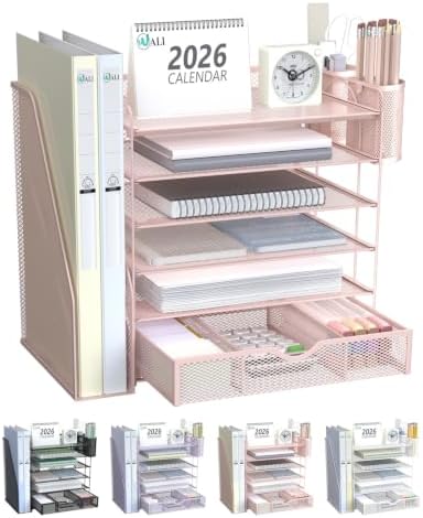 WALI Desk File Organizer, 6 Tier Desktop Paper Letter Tray Organizer with Drawer and 2 Pen Holders, Office Desk Accessories & Workspace Organizers for Office, Home Supplies(DO007DH-P), 1 Pack, Pink by WALI