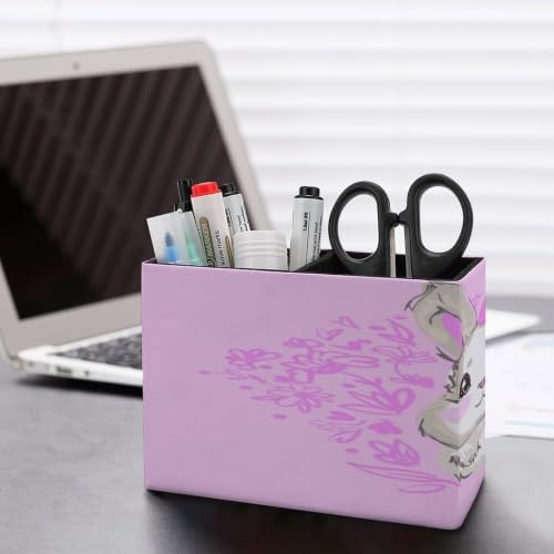 PU Leather Multi-Compartment Pen Holder Desktop Organizer Pencil Cup Storage Caddy for Office Home Supplies Hand Drawn Vector Rabbit Cute Bunny Rabbit with Bow Cute - Image 5