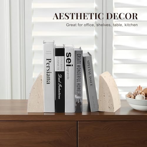 Koville Travertine Bookends for Shelves, Large Stone Bookends for Heavy Books, Non-Slip Heavy Duty Book Stopper for CD/Movies, Aesthetic Decorative Book Ends for Bookshelf Table Home Decor(Beige) - Image 4