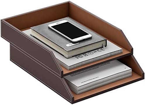 Leather Letter Tray, Thipoten Stackable Desk Organizer Holder for Office Supplies, Paper, File, Magazine, Perfect Office Organization for Desktop (Brown-2Tiers) - Image 2