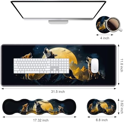 Ergonomic Keyboard Wrist Rest & Mouse Pad Wrist Rest Set, Large XXL Gaming Desk Mat 31.5"x 11.8" with Memory Foam, Easy Typing Pain Relief for Office & Home, Wolf Howling Under The Moon - Image 2