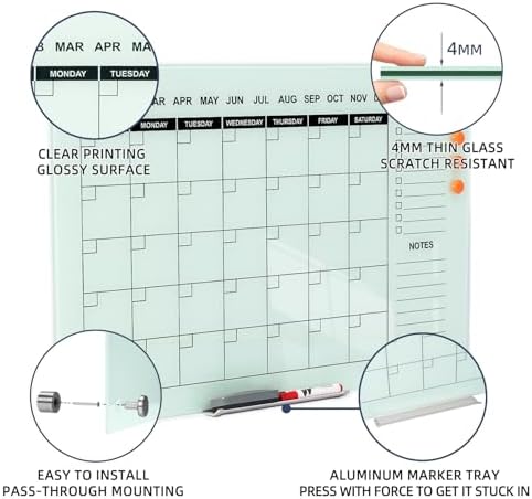 TSJ OFFICE Glass Calendar Whiteboard - 36" x 24" Monthly Planner for Wall - Image 3
