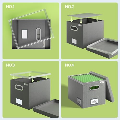 File Organizer Box - File Boxes for Hanging Files with Lid Set of 2 Decorative Hanging Folders Letter Size Organizer with One-Piece Plastic Frame Slides (Grey, 13.2 * 10.1 * 10.1in(2Pack)) - Image 2