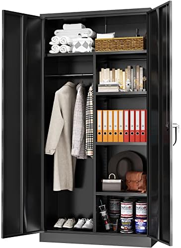 Greenvelly Metal Storage Wardrobe with 2 Doors, Black 72” Steel Storage Wardrobe Cabinet, Employees Locker Closet Clothing Coat Steel Wardrobe Cabinet with Hanging Rod for Garage, Gym, Home Office by Greenvelly