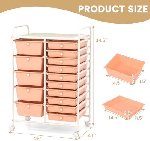 LDAILY 15 Drawer Rolling Storage Cart, Rolling Cart with Drawers for Classroom, Art Supply Craft Organizer on Wheel with Metal Frame & Handles for Home Office School - Image 3