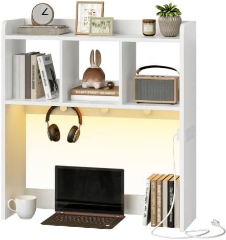 HOOBRO Desktop Bookshelf, Office Desktop Shelf, Desk Hutch with Outlets, Wooden Office Desktop Bookcase, Desktop Organizer Shelf with LED Light Strip and 3 Hooks, for Home, Study, White WT12UDSJ01 by HOOBRO
