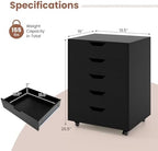 Byroce 5-Drawer Storage Cabinet with Wheels, Mobile Office Cabinet, Black - Image 3