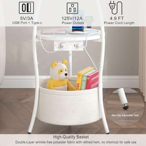 sthemc 3-Tier Small Round End Table Livingroom with Charging Station,Basket - Image 4