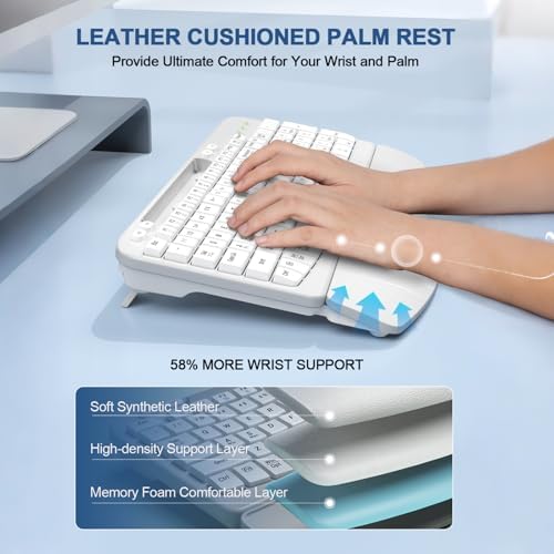 EAYBLLY 2.4G Wireless Ergonomic Keyboard, Full Size Wave Keys with Memory Foam Wrist Rest & 7.28in Phone Holder, USB-C Adapter Included for Windows Mac Chrome OS, Office or Home (White) - Image 3