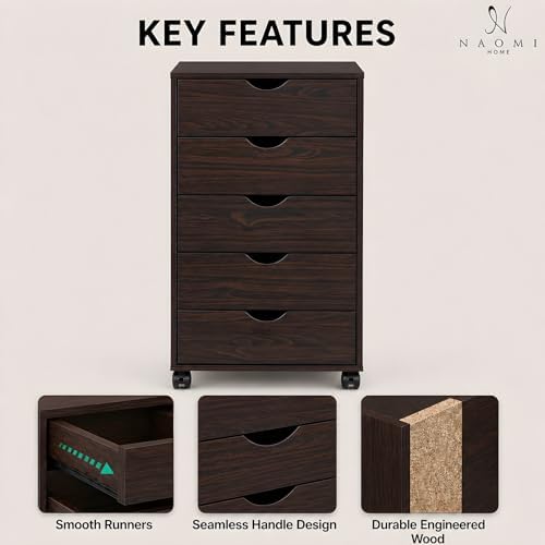 Naomi Home Under Desk Office File Cabinet with 5 Drawers, Rolling Storage Organizer with Lockable Wheels, Handle-Free Design & Spacious Top Surface, Compatible Cabinet for Home Office - Espresso - Image 4