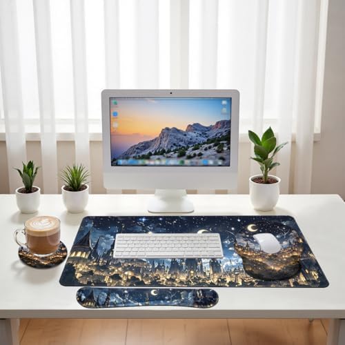 Midnight Castle Desk Mat Set Fantasy Sky Large Mouse Pad with Wrist Rest 4in1 Desk Mat for Desktop Ergonomic Computer Desk Arm Wrist Anti-Slip Computer Ergonomic Mouse Pad Home Office Gaming - Image 6