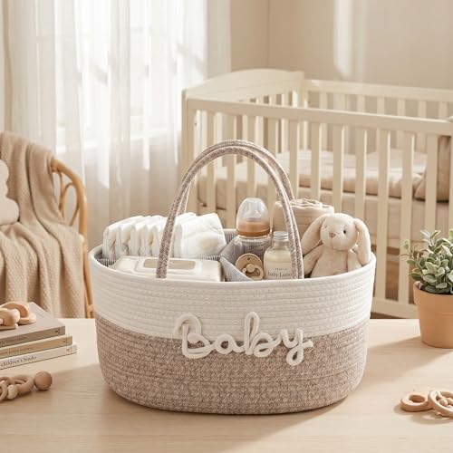 Baby Diaper Caddy Organizer with Removable Compartments, 18"L x 13"W x 9"H Super Large, 100% Handmade Woven Cotton Rope, Portable Nursery Storage Basket for Car and Changing Table, Shower Newborn Gift - Image 7