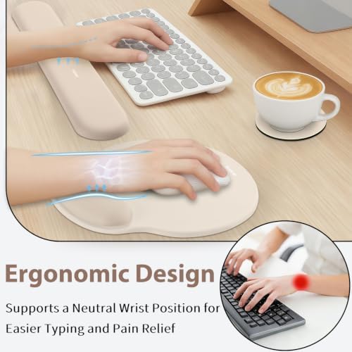 Sushret Mouse Pad and Keyboard Wrist Rest, 3-in-1 Gel Memory Foam Ergonomic Mouse Pad with Wrist Rest Set,Gaming Mousepad Arm Cushion Support for Computer Office Desk Accessories Cute Setup,Apricot - Image 2