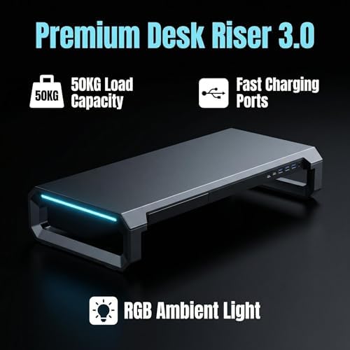 T2 Metal Monitor Stand with USB Hub, RGB Lighting & Storage Drawer - Image 7