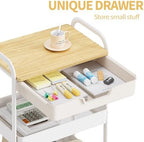 TOOLF 3-Tier Metal Utility Rolling Cart with Drawer and Wooden Table Top, Storage Cart White Trolley Kitchen Organizer Rolling Desk with Locking Wheels for Office, Classroom, Home, Bedroom - Image 3