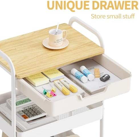 TOOLF 3-Tier Metal Utility Rolling Cart with Drawer and Wooden Table Top, Storage Cart White Trolley Kitchen Organizer Rolling Desk with Locking Wheels for Office, Classroom, Home, Bedroom - Image 3