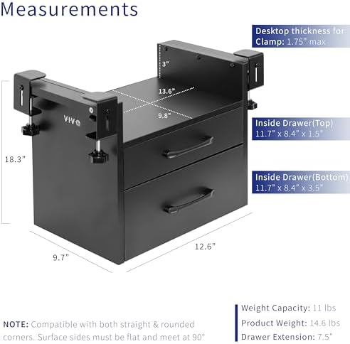 VIVO Black Corner Clamp-on Drawer and Shelf System, DESK-DR3C - Image 2