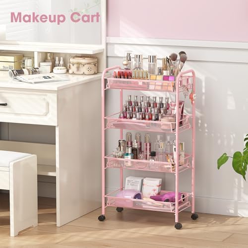 TOOLF 4 Tier Rolling Cart, Metal Utility Storage Cart with Wheels, Pink - Image 2