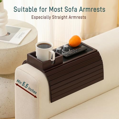 Bamboo Couch Cup Holder Arm Tray Table with Anti-Slip Cork Pad，Couch Drink Holder，Sofa Cup Holder Armrest Tray，Foldable Arm Chair Table Recliners for Drink, Cups, Eats，Snacks, Phone, Remote (Mahogany) - Image 4