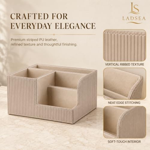 Pen Holder for Desk, 4-Compartment PU Leather Desk Organizer, Beige - Image 4