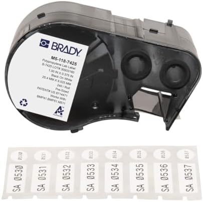 Brady Polypropylene Pre-Sized Labels for Label Printer BMP51/BMP53/M511-240 Self Adhesive Printer Labels - Black on White (25,40 mm (W) x 9,53 mm (H) x 9,53 mm (Dia)) - M5-118-7425 by BradyCorp