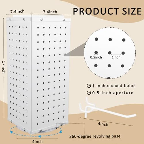 Rotating Pegboard Display Stand With 24 Hooks, 4-Sided Metal Spinning Peg Board Display 7.4"x7.4"x17" Spinner Pegboard Carousel Craft Rack Organizer (White) - Image 3