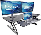 Rocelco 45" Height Adjustable Standing Desk Converter with Anti Fatigue Floor Mat and Slide Out Retractable Keyboard Tray - Sit Stand Up Triple Screen Tabletop Riser - Black (R ADRB-45-MAFM) - Image 2