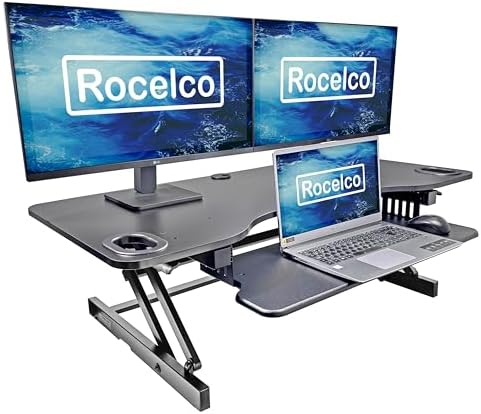 Rocelco 45" Height Adjustable Standing Desk Converter with Anti Fatigue Floor Mat and Slide Out Retractable Keyboard Tray - Sit Stand Up Triple Screen Tabletop Riser - Black (R ADRB-45-MAFM) - Image 2