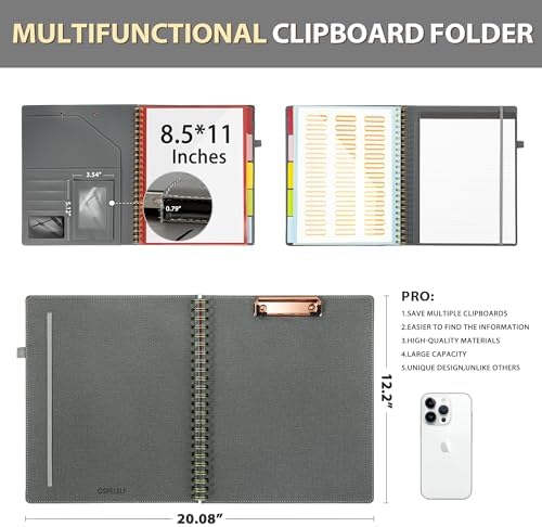 Ospelelf Clipboard with Storage for Men Women, Leather Padfolio Portfolio Organizer 5 Folders with 10 Pockets, Spiral Clipboard Folio with Notepad for Letter Size, Elastic Closure and Pen Loop Grey - Image 2