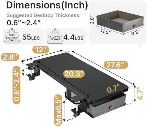 PEGZONE Desk Extender Tray, 28" x 12", with Storage Drawer, Large, Black - Image 6