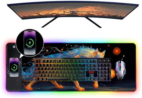 Wireless Charging RGB Gaming Mouse Pad, 31.5 x 11.8 Inch Extended Mouse Mat with Cosmic Wolf Art Design, LED Desk Pad with 7 Lighting Modes, Non-Slip Base for Gaming & Office - Image 4