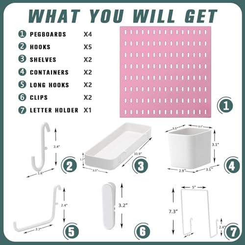 MULSAME Pegboard Combination Kit, Wall Mounted Storage Set with 4 Pegboards & 14 Accessories Hanging, Pink Peg Boards Organizer for Walls Display, Crafts Organization, Kitchen Organizer, 22" x 22" - Image 3