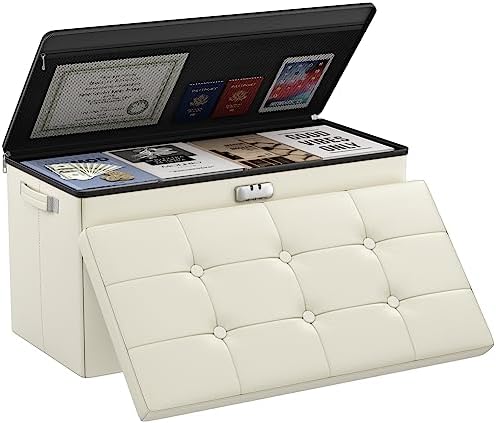 DocSafe Storage Ottoman Bench with Lock,Fireproof 30 Inches Folding Bench Foot Rest Stool Storage Chest Safe for Living Room,Bedroom,Home Office,Waterproof Leather Ottoman with Handles,Beige by DocSafe