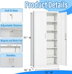 BESFUR Metal Storage Cabinets with Locking Doors and Adjustable Shelves, 71" H Steel Storage Cabinet for Garage, Office, Classroom - White - Image 3