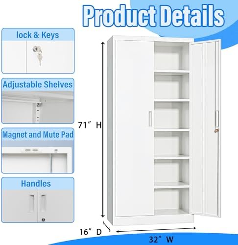 BESFUR Metal Storage Cabinets with Locking Doors and Adjustable Shelves, 71" H Steel Storage Cabinet for Garage, Office, Classroom - White - Image 3