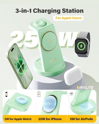 3 in 1 Fast Charging Station for iPhone, 25W Wireless Magnetic Phone Charger for iPhone 17 16e 16 15 14 13 12 Serise, Watch Charger Stand, Wireless Charging Station for AirPods 4 3 Pro, Green - Image 2