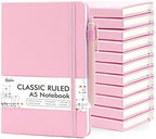 feela 12 Pack Notebooks Journals Bulk, Hardcover Notebook Classic Ruled Lined Journals with Pen Holder for Women Girls School Business Supplies, with 12 Black Pens, 120 GSM, 5.1”x8.3”, A5, Rose Pink by feela