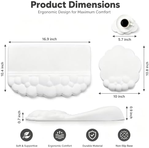 Cloud Keyboard Wrist Rest with Sloped Keyboard Pad, Ergonomic 3-in-1 Mouse Pad with Wrist Support and Coaster, Non-Slip Memory Foam Desk Mat Set for Mechanical Keyboard, Office & Gaming,White - Image 7