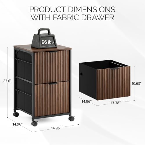 VINGLI 2 Drawer Mobile File Cabinet, Rolling Fluted Filing Cabinet Under Desk File Cabinet with Wheels, Fabric Drawers Printer Stand for Home Office, Fits Letter Size, Walnut - Image 3