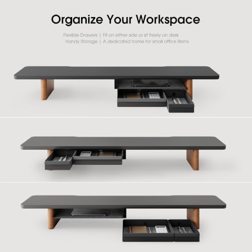 Fenge 42.5" Dual Monitor Stand with Storage Drawer & Solid Wood Legs, Black - Image 5