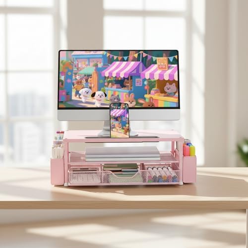 AUPSEN Pink Desk Organizers and Accessories, 2-Tier Wood Computer Monitor Stand with Drawer, Pen Storage & Phone Holder, Office Desk Accessories, Workspace Desktop Organization for Office Supplies - Image 6