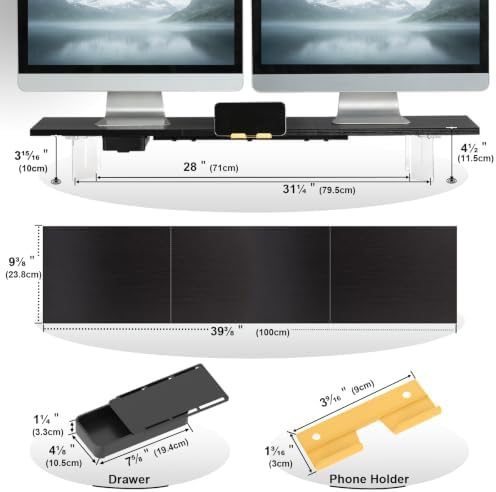 TEAMIX 39.4 inch Dual Monitor Stand with Acrylic Leg, Drawer & Phone Holder - Image 5