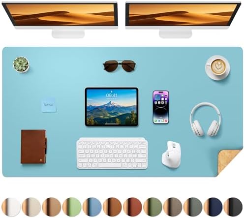 Aothia Cork Desk Mat - Dual-Sided XL PU Leather Desk Pad & Full Desk Protector, Large Waterproof Desktop Mat for Office & Gaming (47" x 23.6", Blue Topaz) by AothiaSimpleNaturalUnique