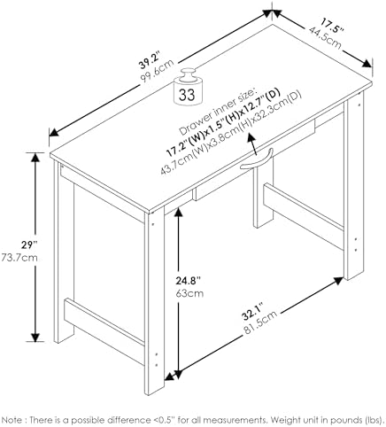 Furinno Jaya Desk, 39.2" Wide Computer Desk with H-Legs, Office Desk with Drawer, Writing Desk, with Drawer, for Home Office, Study Room, Dorm, Darkwood - Image 3