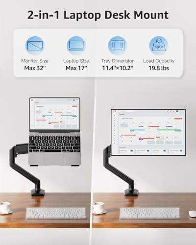 MOUNTUP Laptop Stand for Desk, Adjustable Aluminum Laptops Arm Mount for 14-17 Inch Notebook & 32" Monitor, Laptops Arm for Desk Support for 2.2-19.8lbs, 2-in-1 Laptop Desk Mount with Clamp/Grommet - Image 2