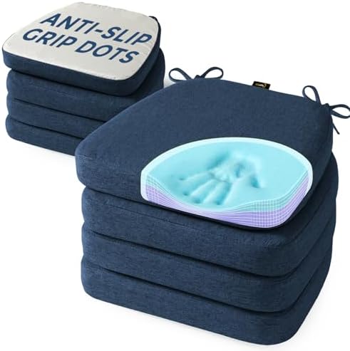 SUNROX Cooling Gel Memory Foam Chair Cushions, 2.6" Thick U-Shaped Dual-Layer Comfort Dining Chair Pads, Non Slip Seat Cushion with Ties for Indoor Kitchen Office 17"x16" Set of 8, Navy by SUNROX