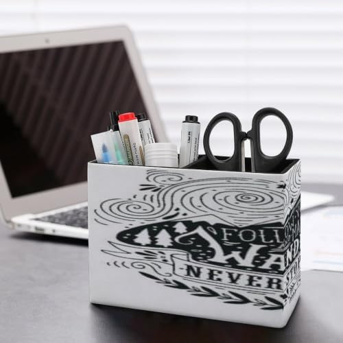PU Leather Multi-Compartment Pen Holder Desktop Organizer Pencil Cup Storage Caddy for Office Home Supplies Hand Drawn Vintage Label with Mountains Forest And Lettering - Image 5