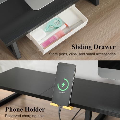 TEAMIX 42 inch Dual Monitor Stand with Storage Drawer & Phone Holder, Black - Image 3